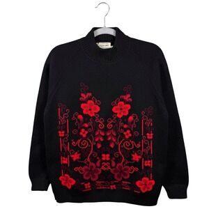 Vintage Folk Floral Motif Black Virgin Wool Ornamental Design Sweater‎ Sz 38 (M)